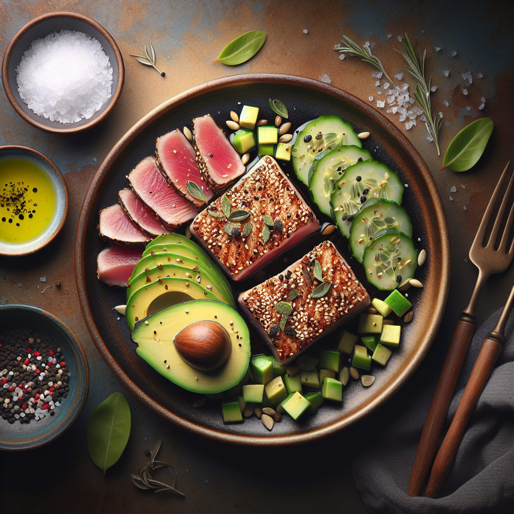 Pan-Seared Sesame-Crusted Tuna with Avocado-Cucumber Salsa