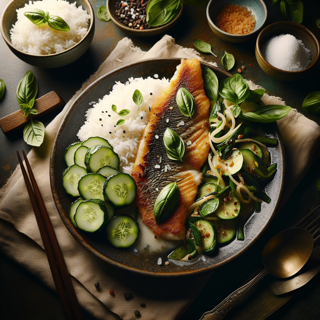 Pan-Seared Thai Basil Fish with Coconut Rice & Pickled Cucumber Salad