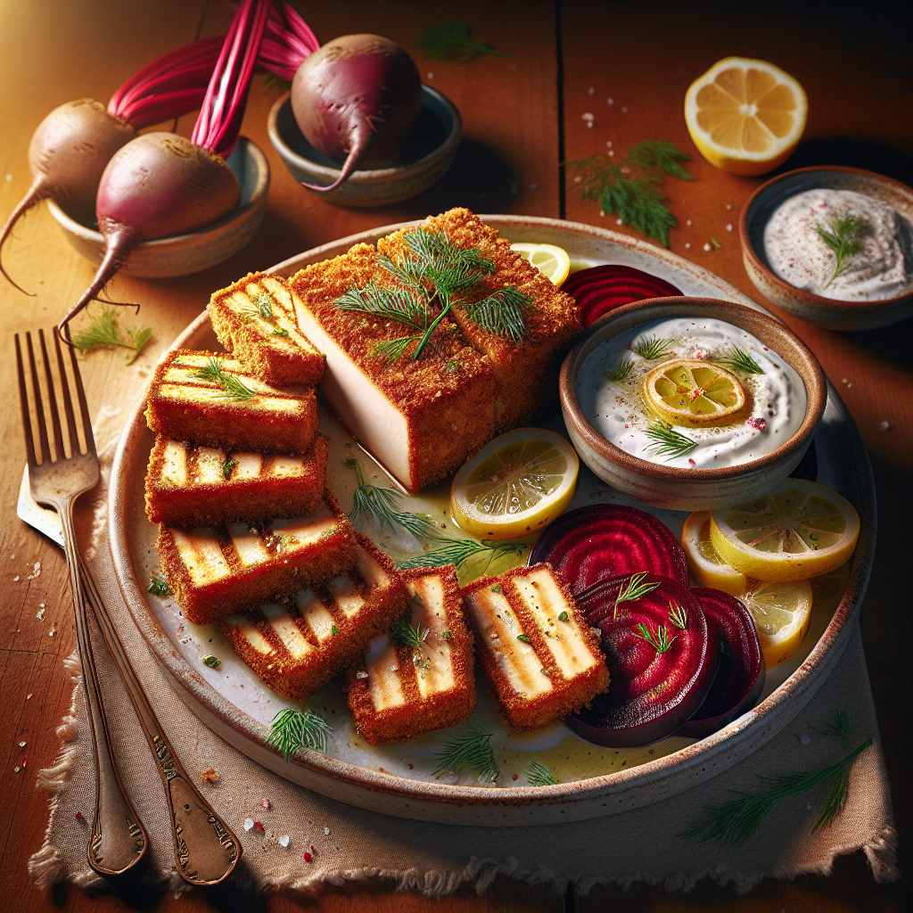 Panko-Crusted Tofu Cutlets with Lemon-Dill Yogurt Sauce and Roasted Beets