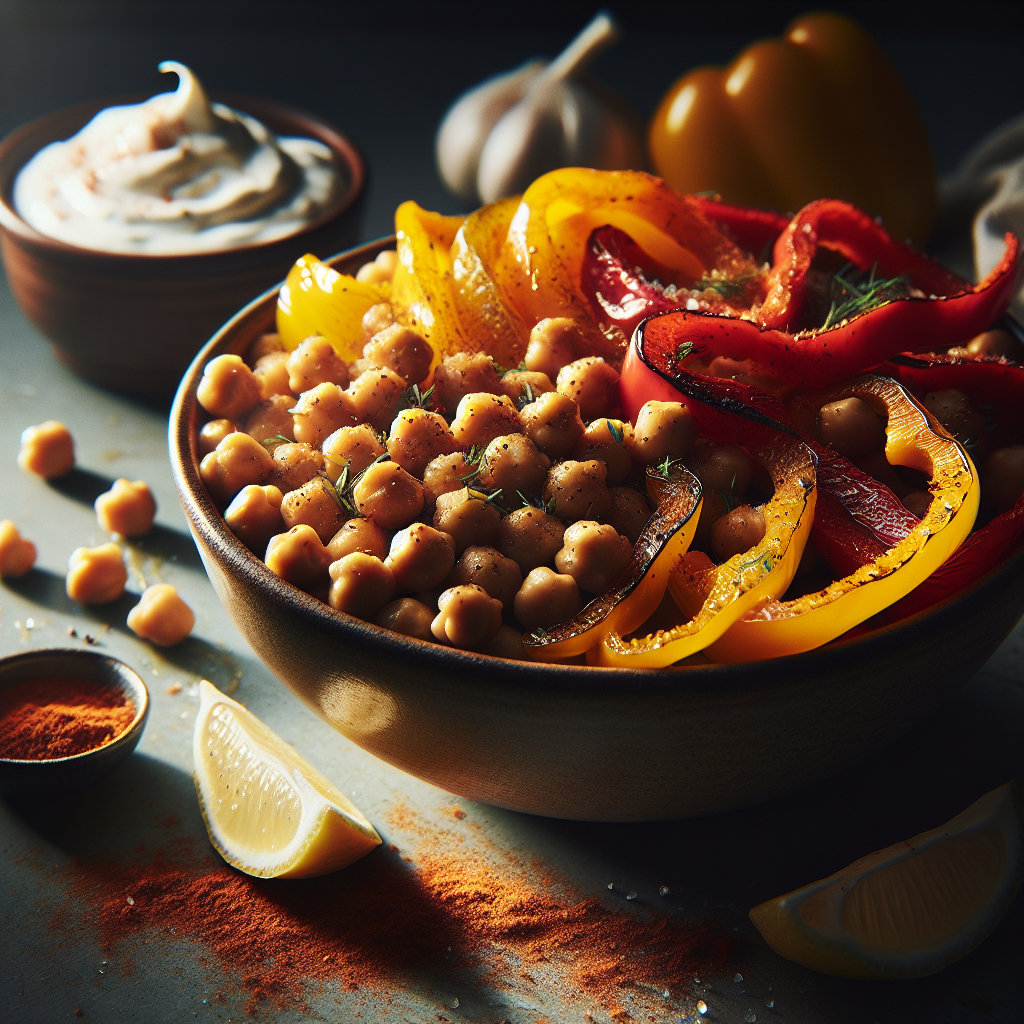 Roasted Chickpea & Charred Bell Pepper Bowl with Lemon-Dill Yogurt Sauce