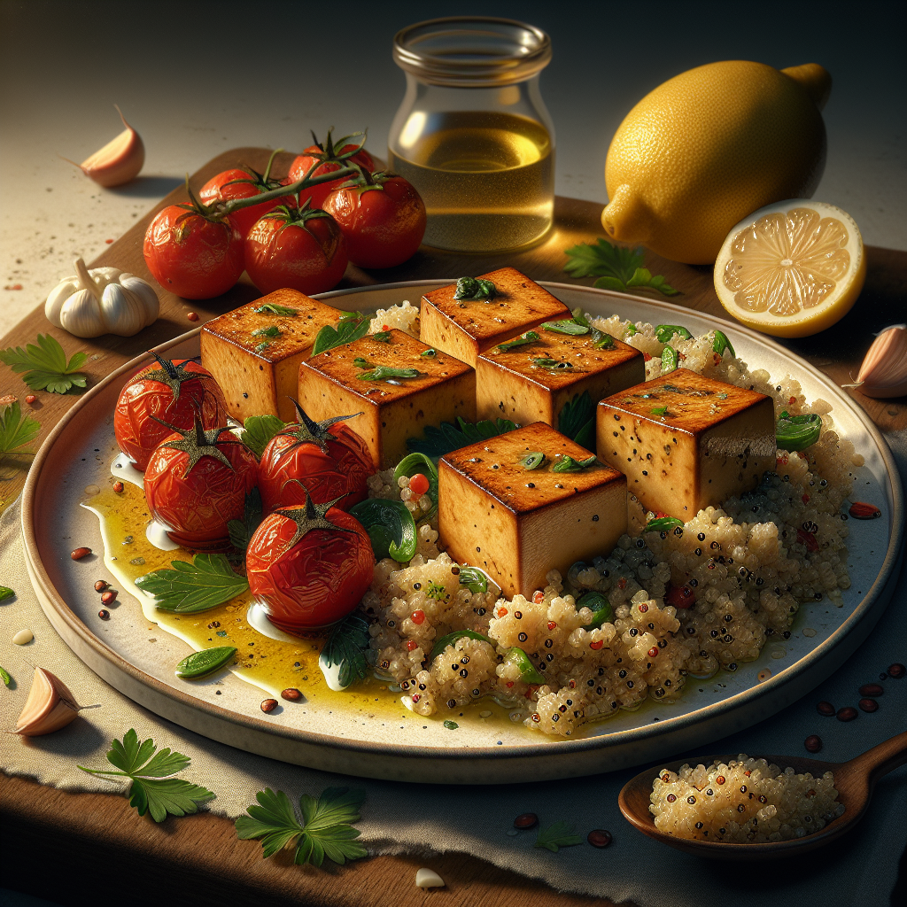 Roasted Garlic Tofu with Lemon-Herb Quinoa and Blistered Tomatoes