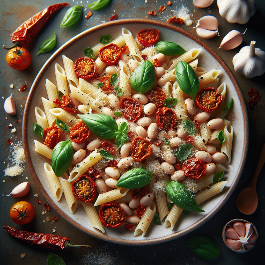 Roasted Garlic White Bean & Sun-Dried Tomato Pasta with Fresh Basil