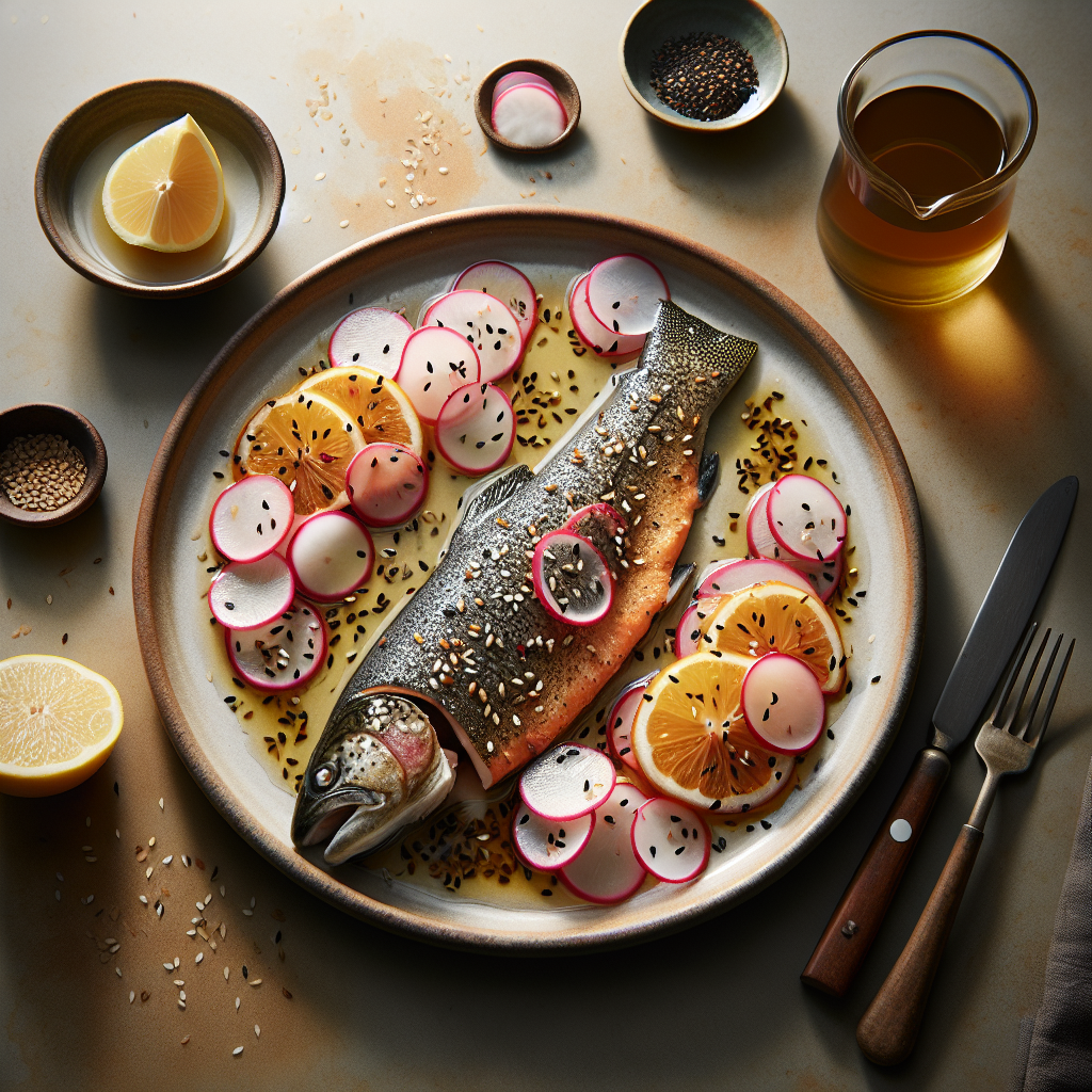 Sesame-Crusted Trout with Quick Pickled Radish & Citrus Soy Drizzle