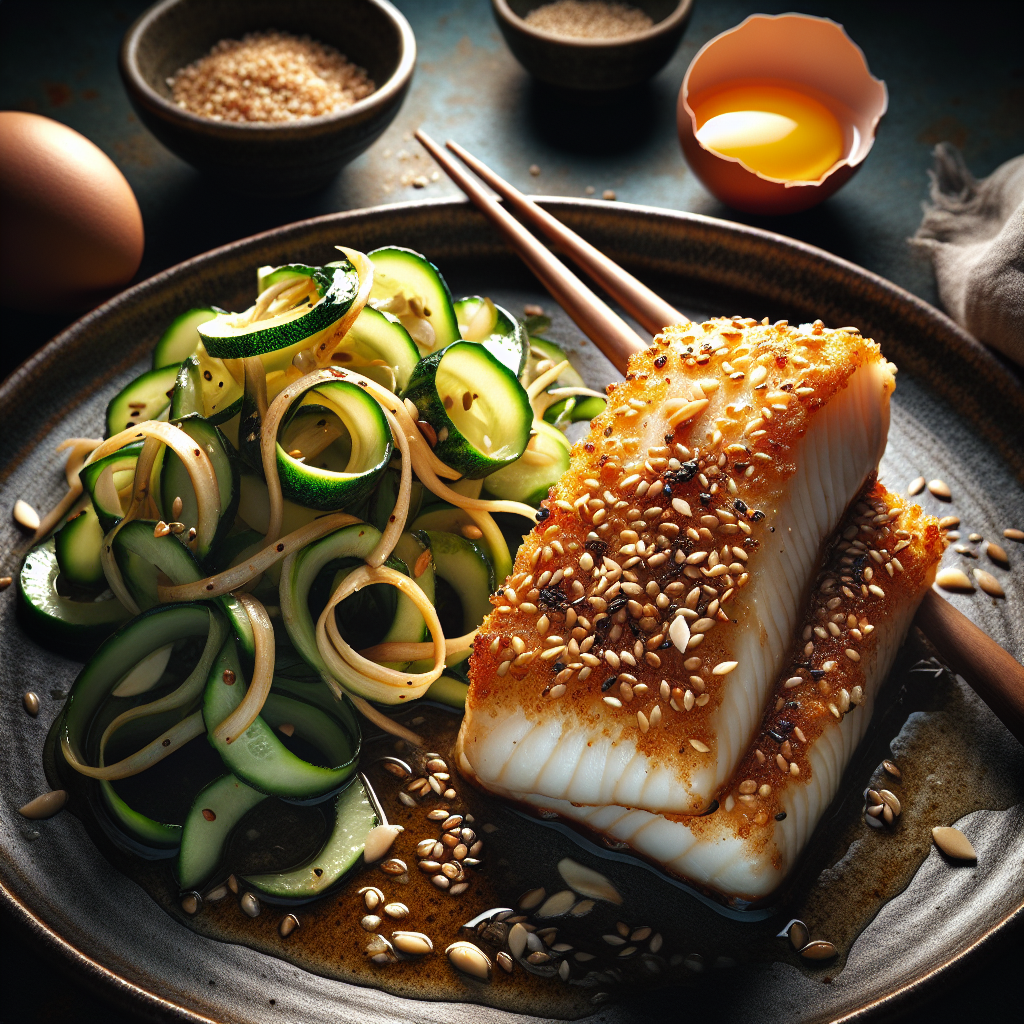 Sesame-Ginger Crusted Cod with Quick Pickled Cucumber Ribbon Salad