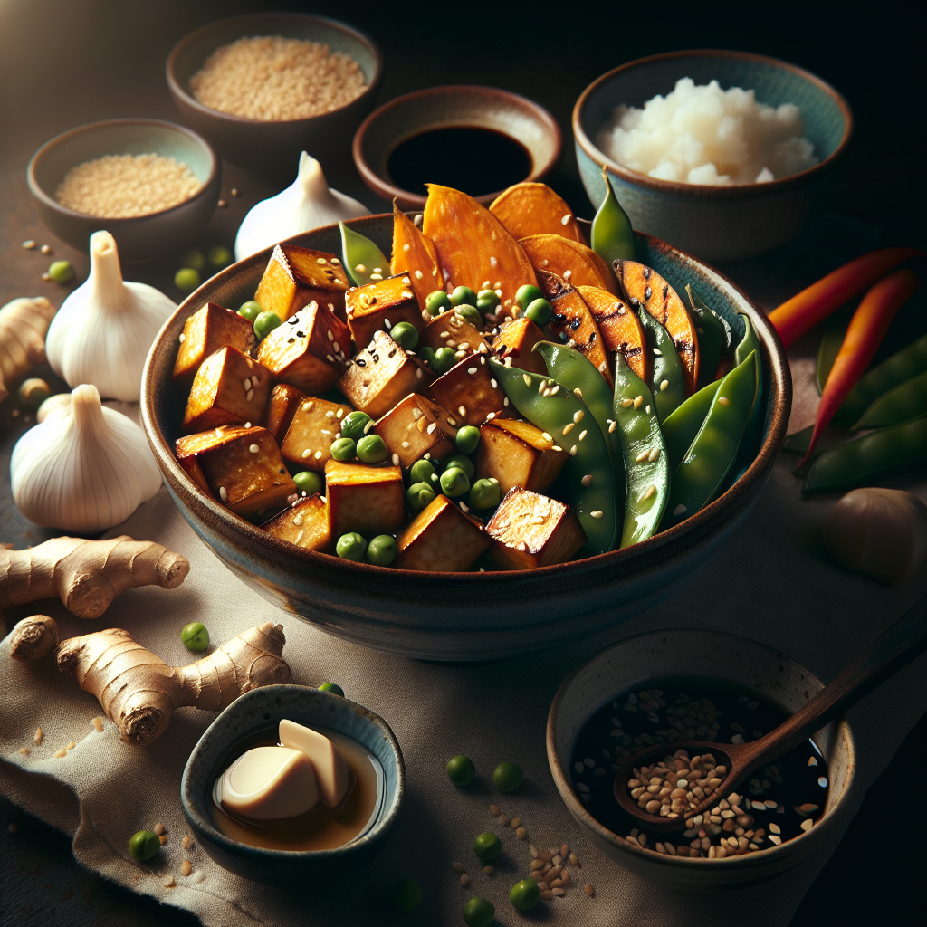 Sesame-Ginger Tofu Bowls with Roasted Sweet Potatoes and Snap Peas