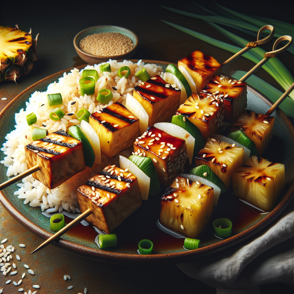 Sesame-Ginger Tofu Skewers with Grilled Pineapple and Scallion Rice