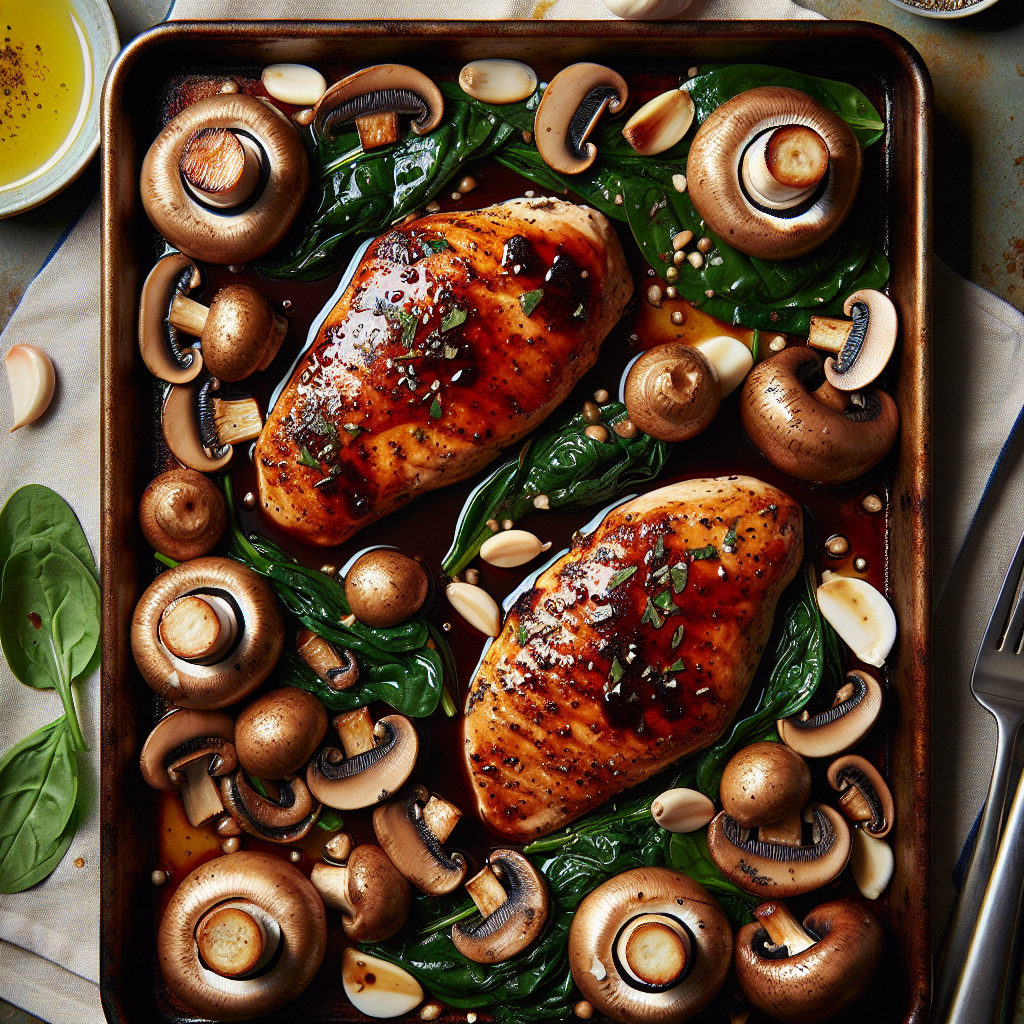 Sheet-Pan Balsamic-Glazed Chicken with Roasted Mushrooms & Baby Spinach