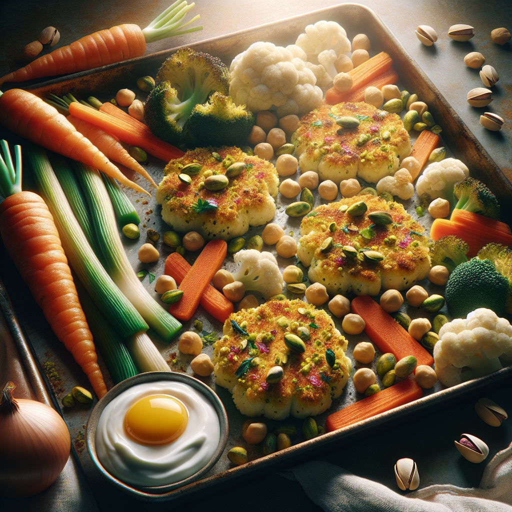 Sheet-Pan Cauliflower 'Chicken'-Style Cutlets with Roasted Carrot Chimichurri & Pistachio Crust