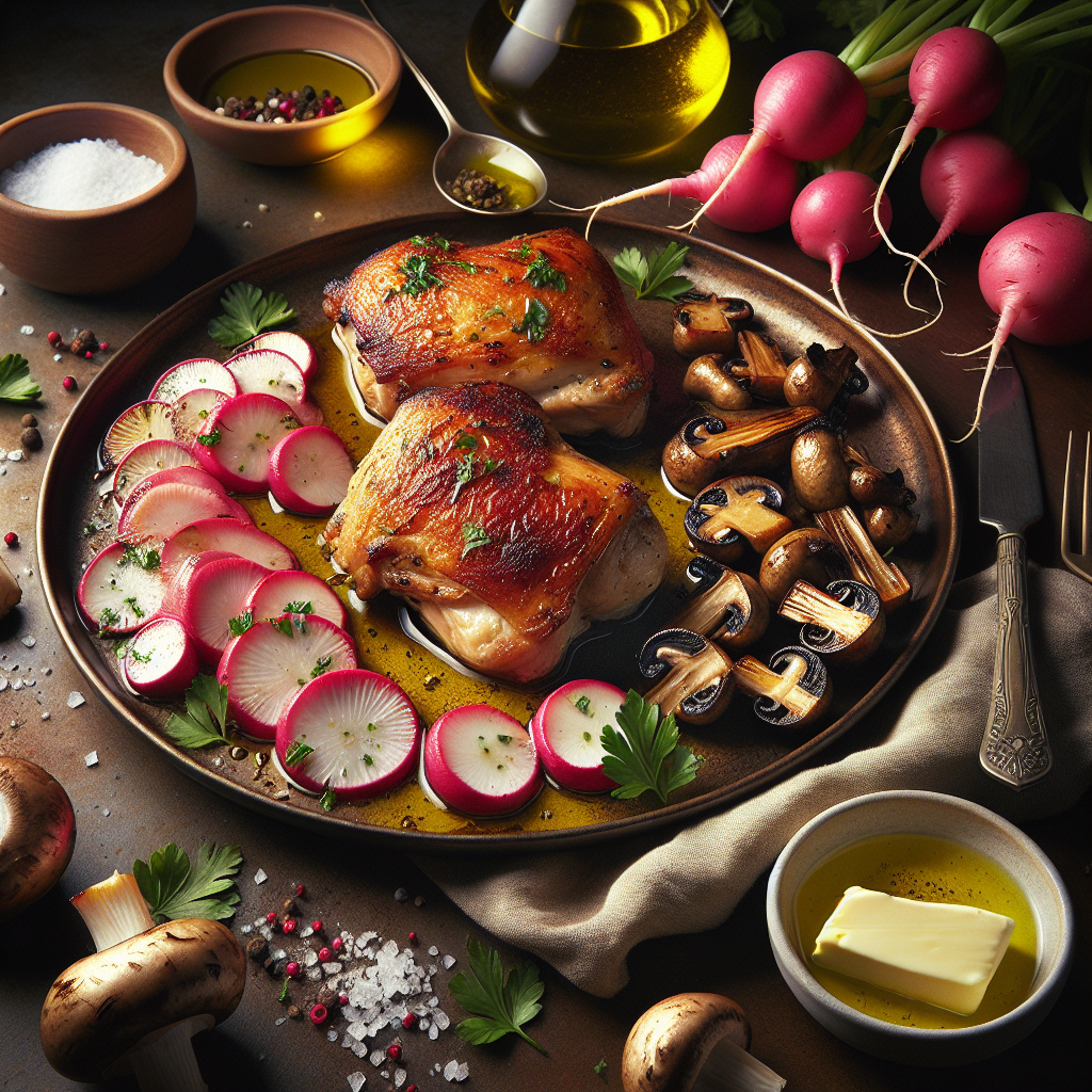 Sheet-Pan Chicken Thighs with Roasted Radishes, Mushrooms & Herb Butter