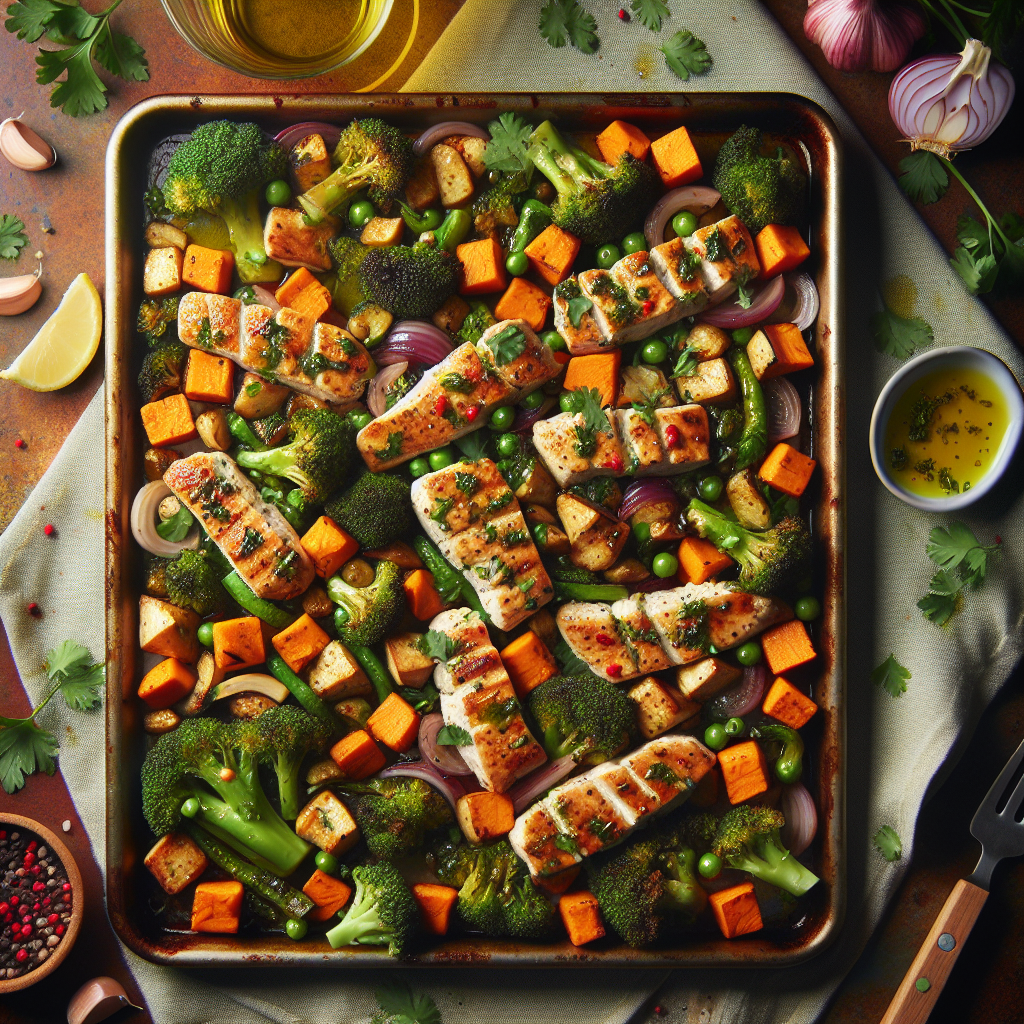 Sheet-Pan Chimichurri Vegan Chicken with Roasted Sweet Potatoes & Broccoli