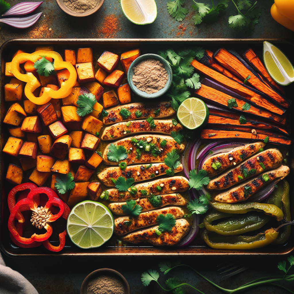 Sheet-Pan Cilantro-Lime Vegan 'Chicken' with Roasted Sweet Potatoes & Peppers