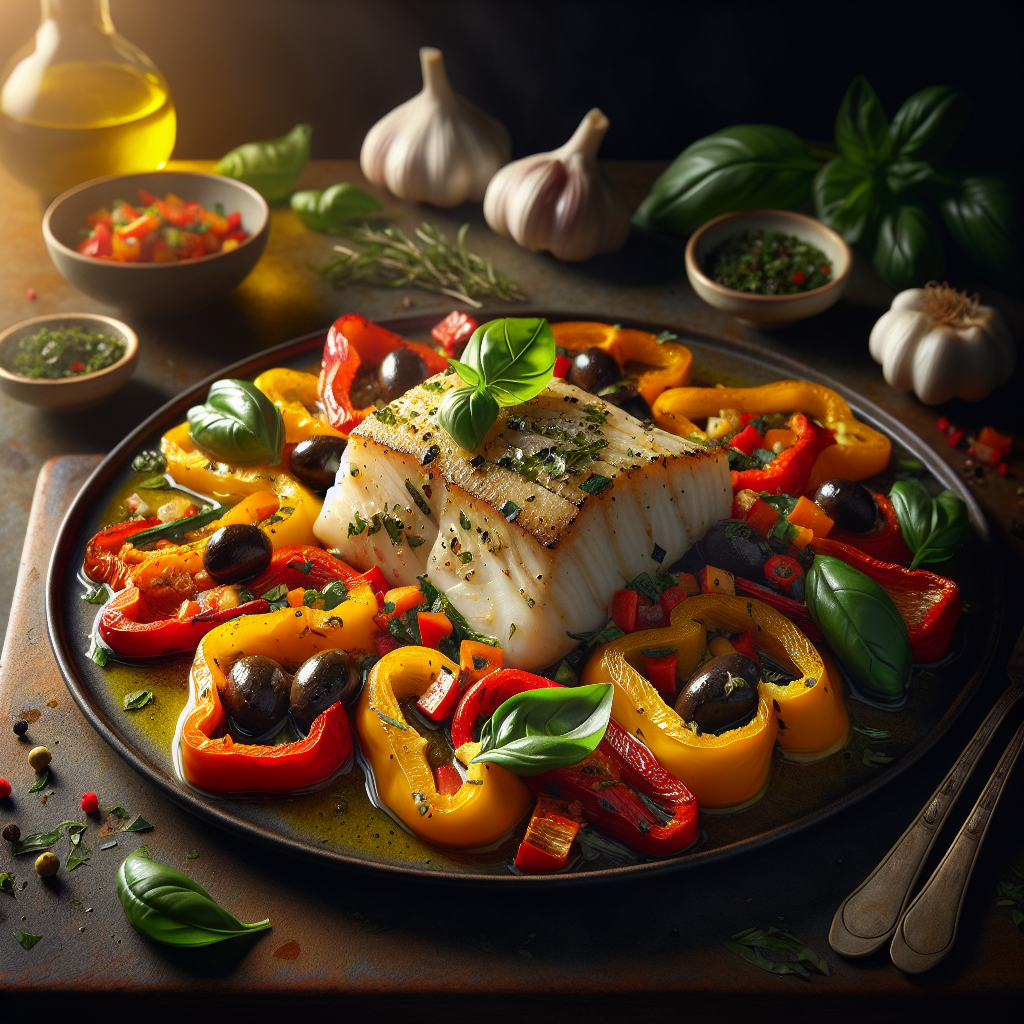 Sheet-Pan Garlic-Basil Cod with Roasted Rainbow Peppers & Olive Gremolata