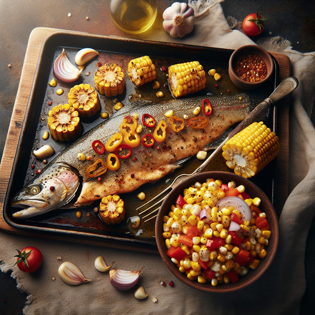 Sheet-Pan Garlic-Chili Trout with Roasted Sweet Corn & Red Pepper Relish