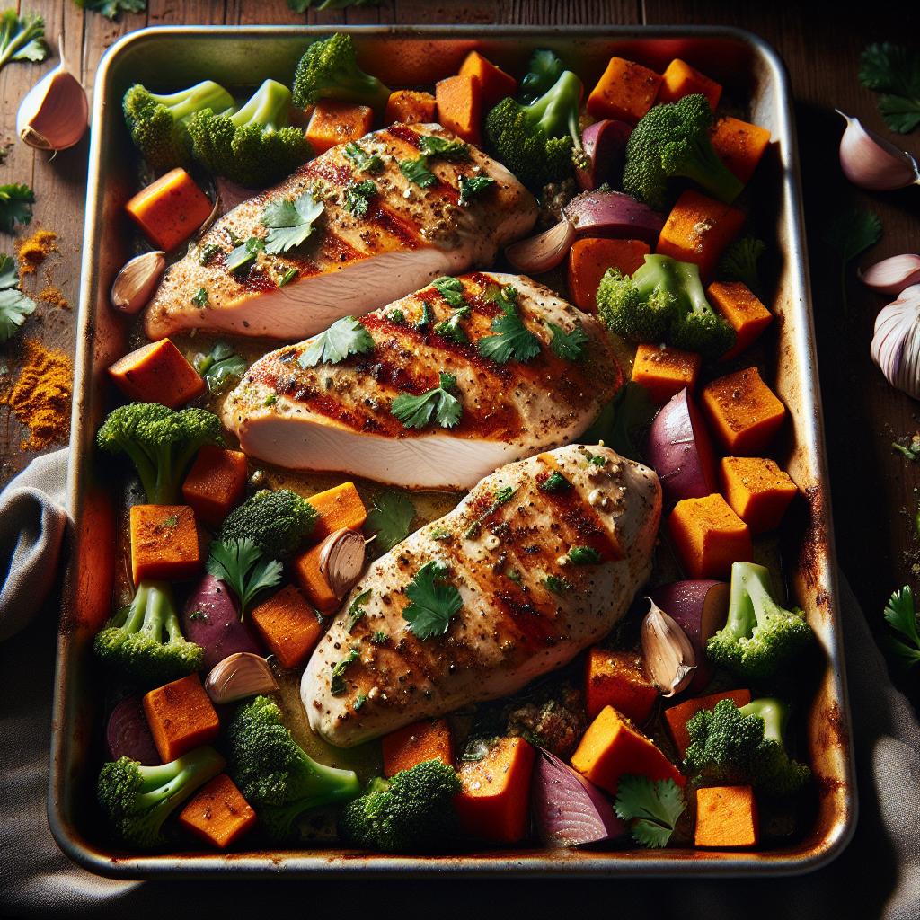 Sheet-Pan Garlic-Cilantro Chicken with Roasted Sweet Potatoes & Broccoli