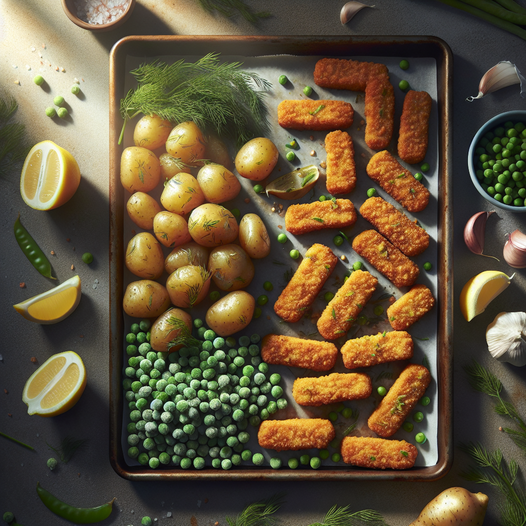 Sheet-Pan Garlic-Dill Chick'n with Roasted Baby Potatoes & Green Peas