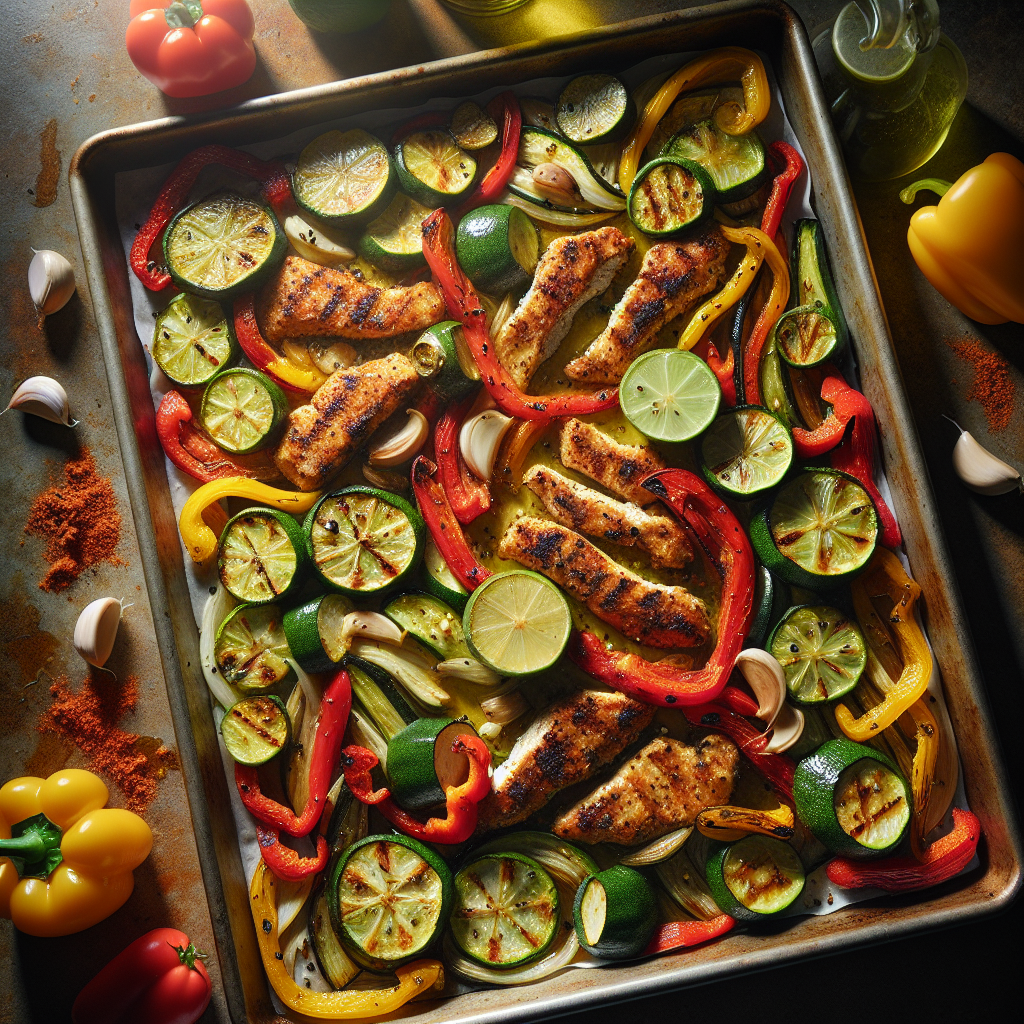 Sheet-Pan Garlic-Lime Chick'n with Roasted Bell Peppers & Zucchini