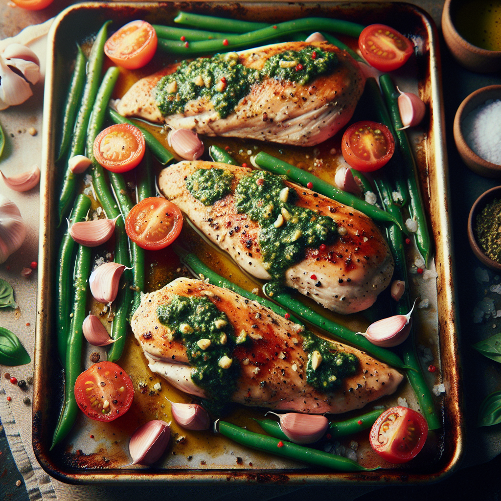 Sheet-Pan Garlic-Pesto Chicken with Roasted Cherry Tomatoes & Green Beans