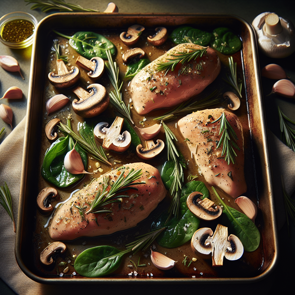 Sheet-Pan Garlic-Rosemary Chicken with Roasted Mushrooms & Baby Spinach