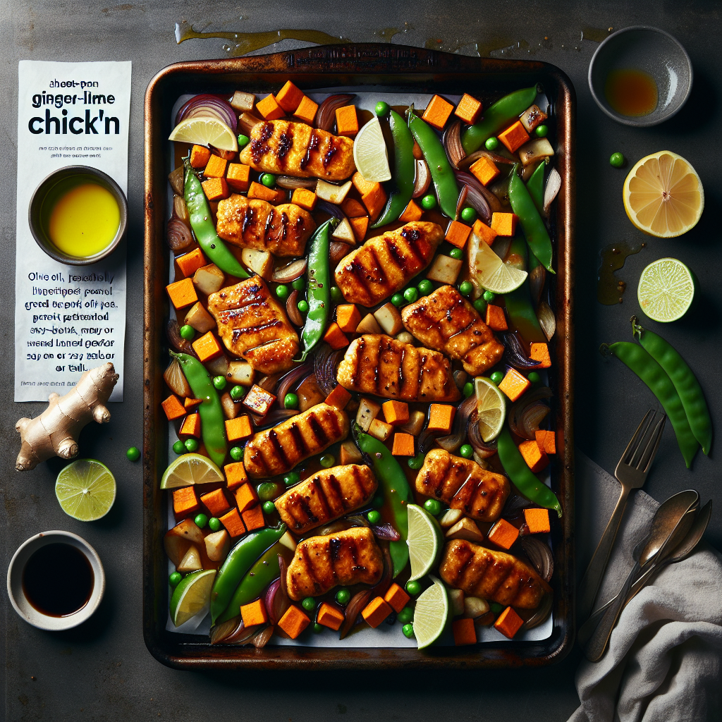 Sheet-Pan Ginger-Lime Chick'n with Roasted Sweet Potatoes & Snap Peas