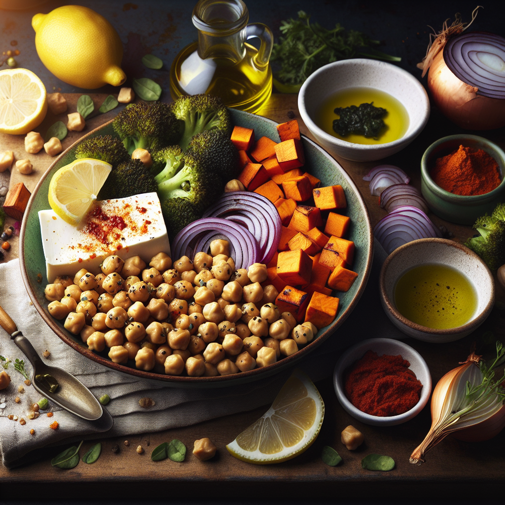 Sheet-Pan Harissa Chickpea & Halloumi with Roasted Broccoli and Sweet Potatoes