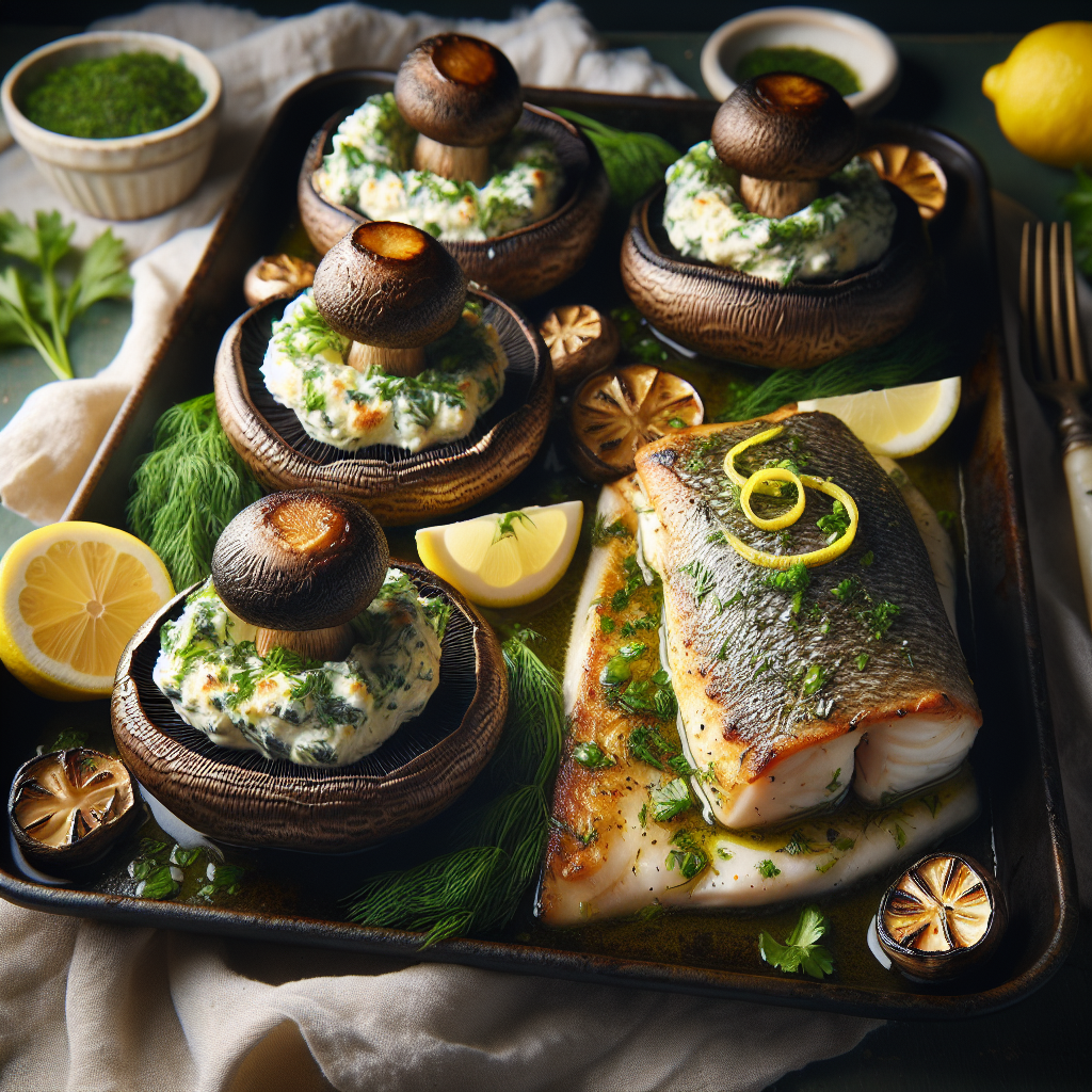 Sheet-Pan Herbed Ricotta-Stuffed Portobello Mushrooms with Lemon-Dill Roasted Fish