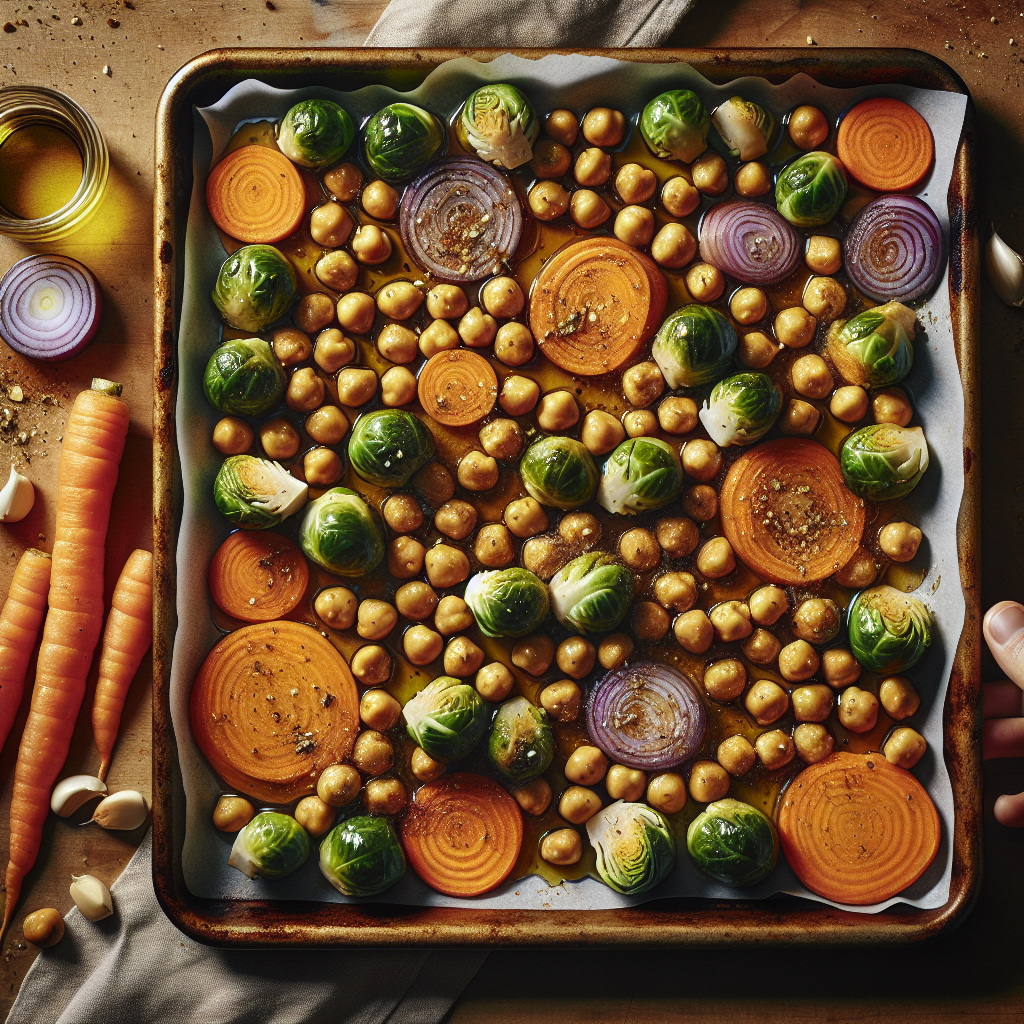Sheet-Pan Honey-Balsamic Chickpea 'Chicken' with Roasted Brussels Sprouts & Carrots