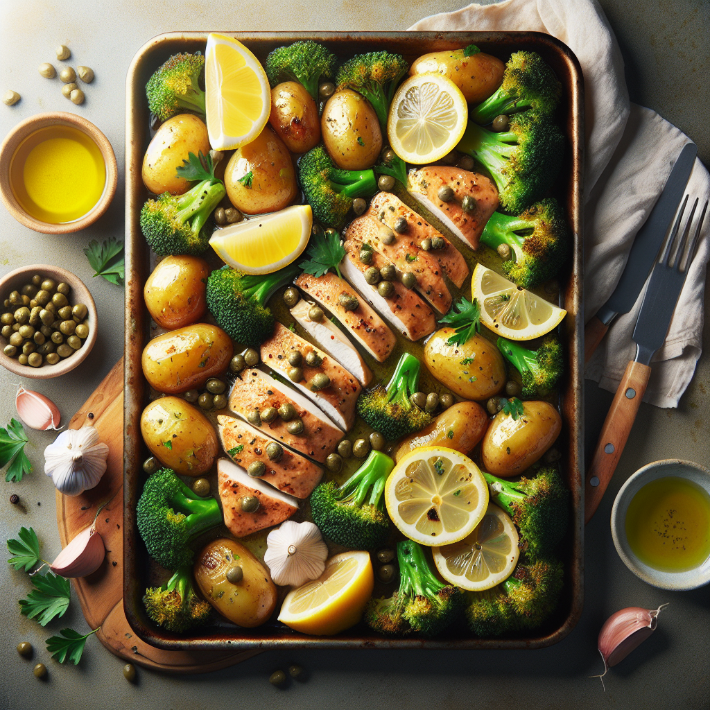 Sheet-Pan Lemon-Caper Vegan Chicken with Roasted Broccoli & Baby Potatoes