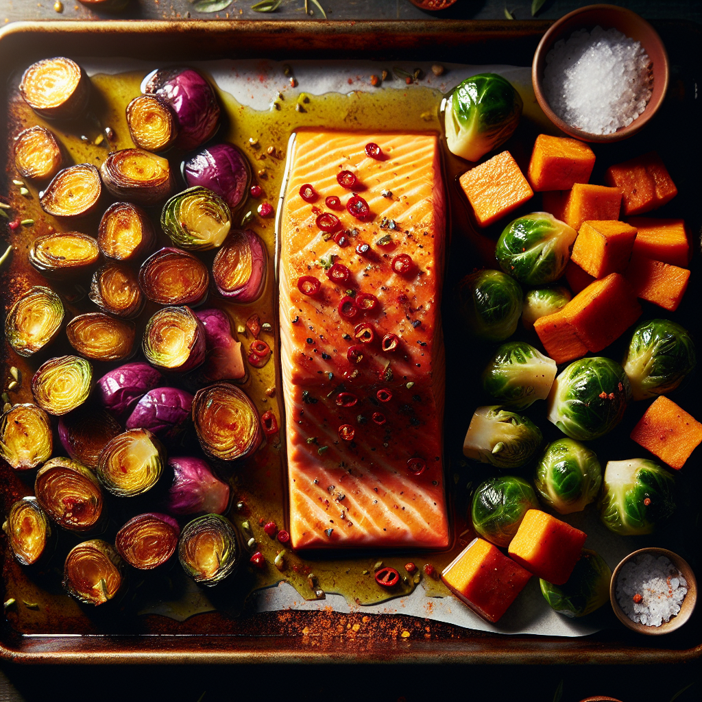 Sheet-Pan Maple-Chili Air-Fryer Salmon with Roasted Brussels Sprouts & Sweet Potato