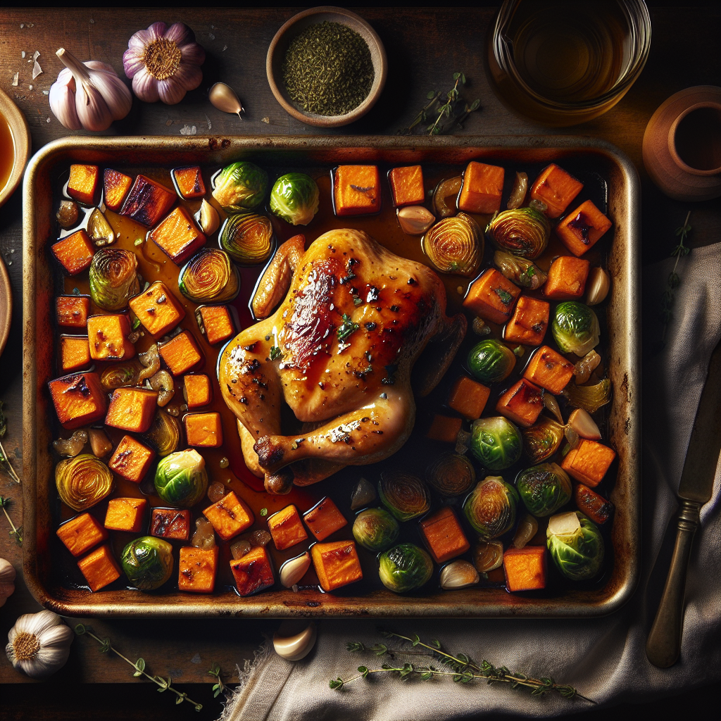 Sheet-Pan Maple-Dijon Chicken with Roasted Sweet Potatoes & Brussels