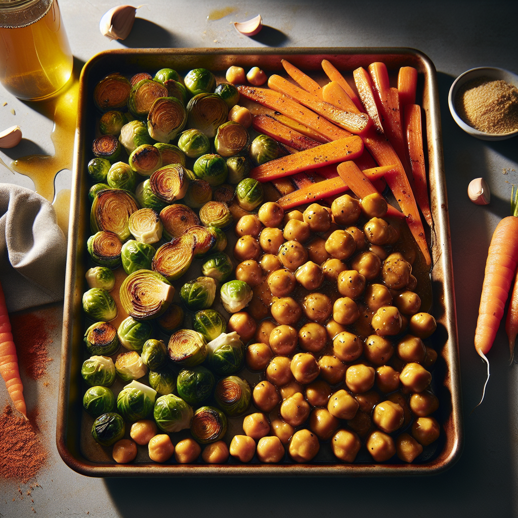 Sheet-Pan Maple-Mustard Chickpea 'Chicken' with Roasted Carrots & Brussels Sprouts