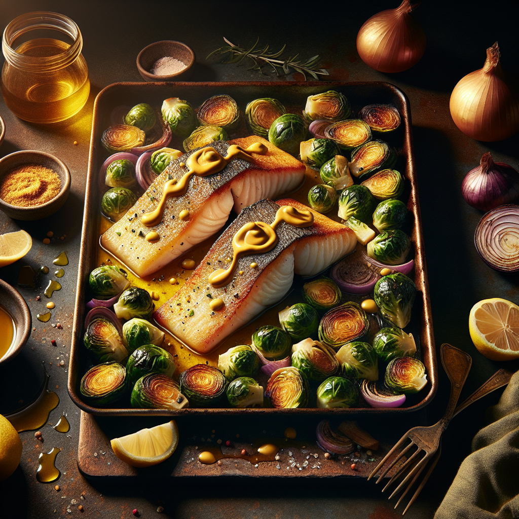 Sheet-Pan Maple-Mustard Haddock with Roasted Brussels & Red Onion