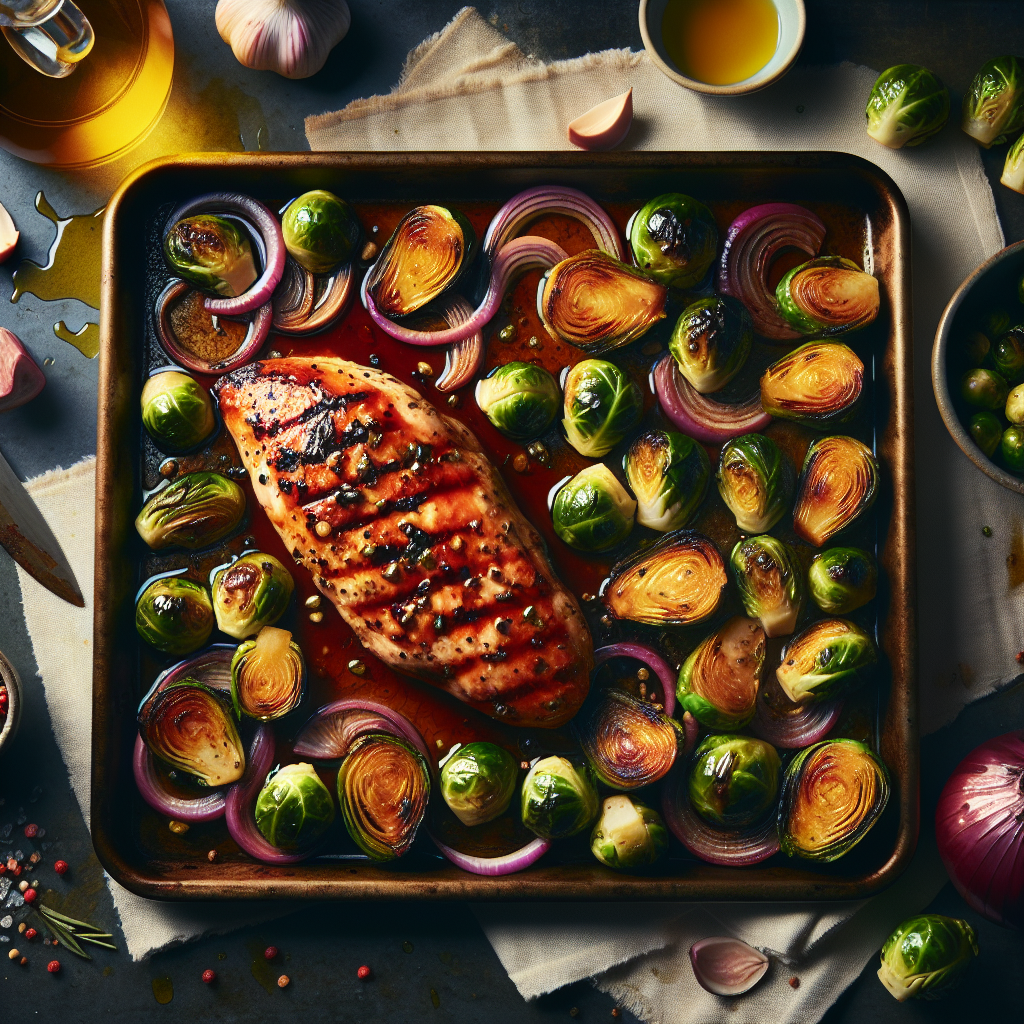 Sheet-Pan Mustard-Balsamic Chicken with Roasted Brussels & Red Onions