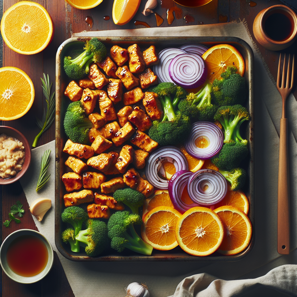 Sheet-Pan Orange-Ginger Chick'n with Roasted Broccoli & Red Onions