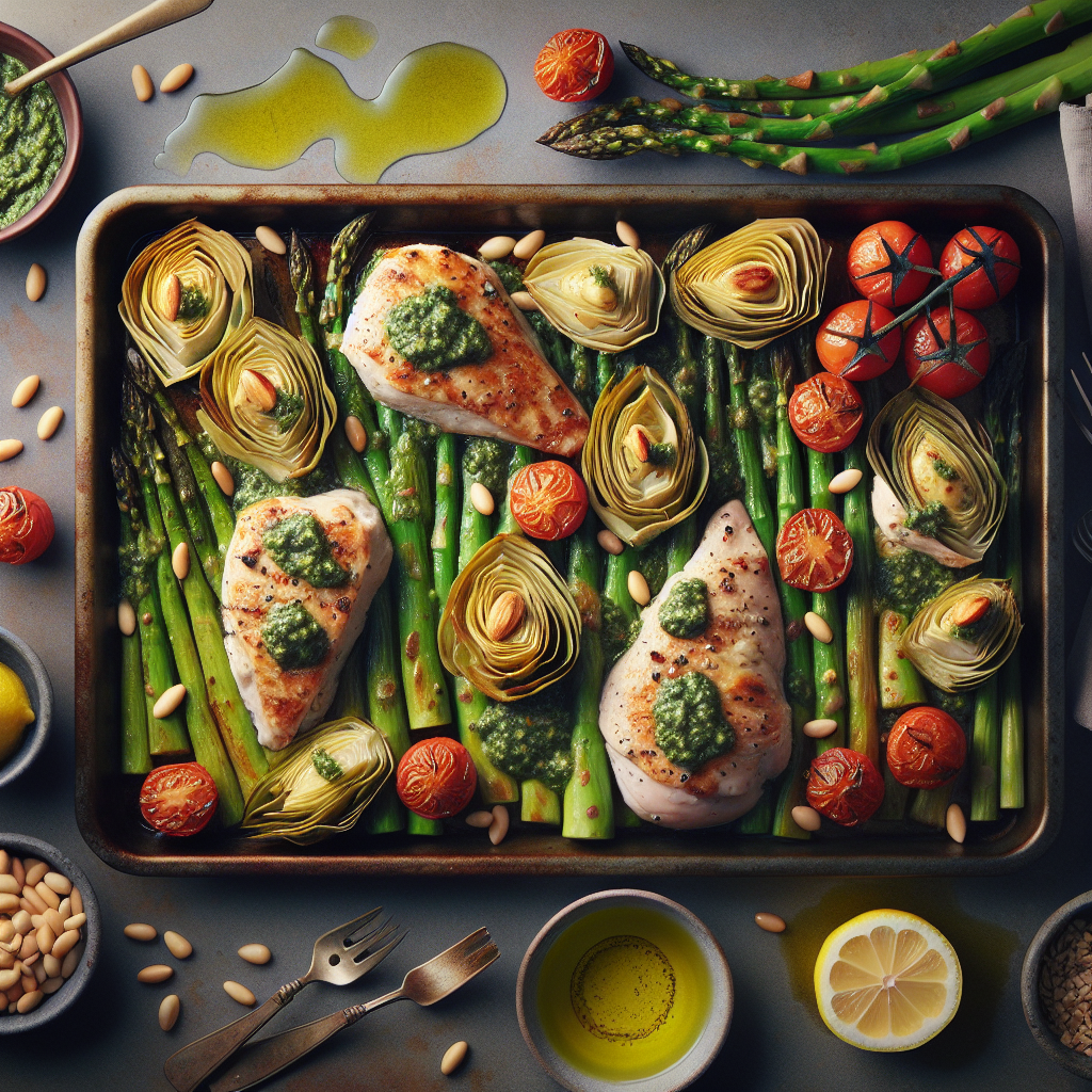 Sheet-Pan Pesto Chicken with Roasted Asparagus, Artichoke Hearts & Toasted Pine Nuts (Gluten-Free, 45-Minute Recipe)