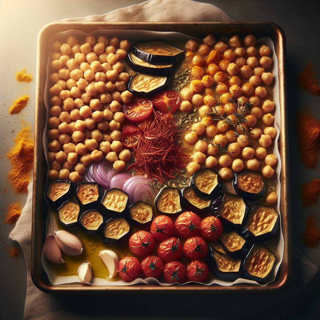 Sheet-Pan Saffron Chickpea with Roasted Eggplant & Cherry Tomatoes