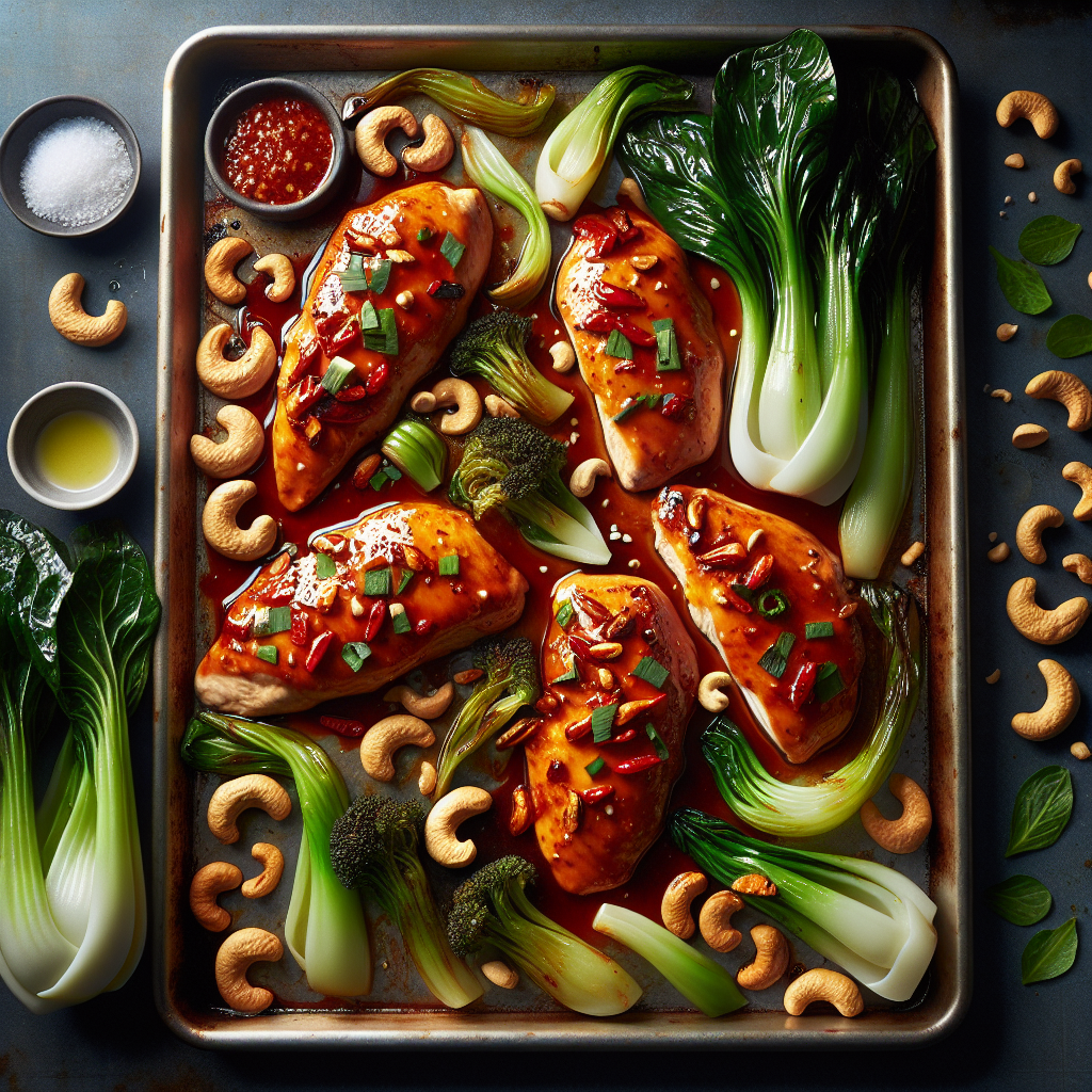 Sheet-Pan Spicy Mango-Glazed Chicken with Roasted Bok Choy & Cashews