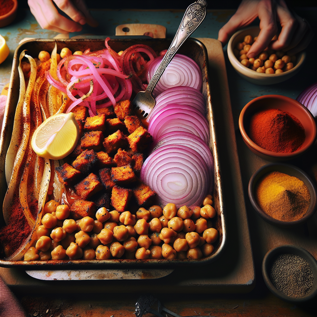 Sheet-Pan Vegan 'Chicken' Shawarma with Spiced Chickpeas & Pickled Onions