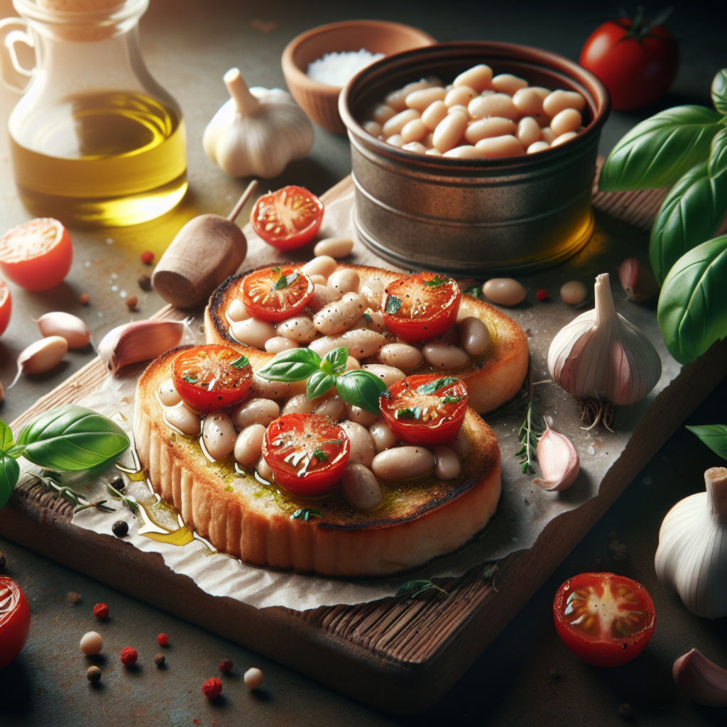 Smashed White Bean & Roasted Tomato Toasts with Basil Oil Drizzle