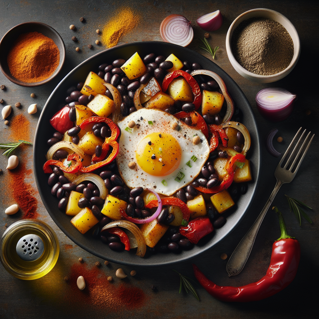 Smoky Black Bean & Roasted Red Pepper Hash with Fried Eggs