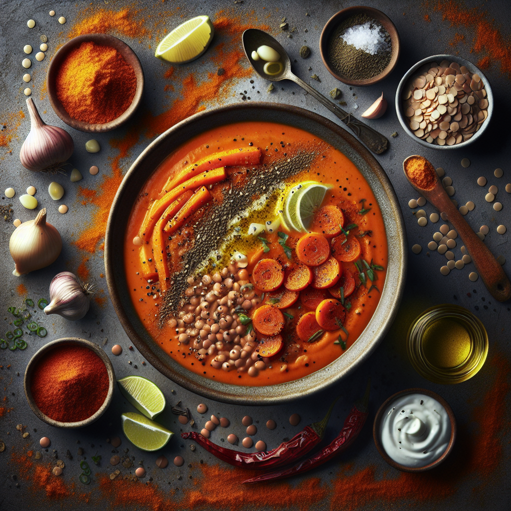 Smoky Red Lentil & Roasted Carrot Soup with Cumin-Lime Yogurt Swirl