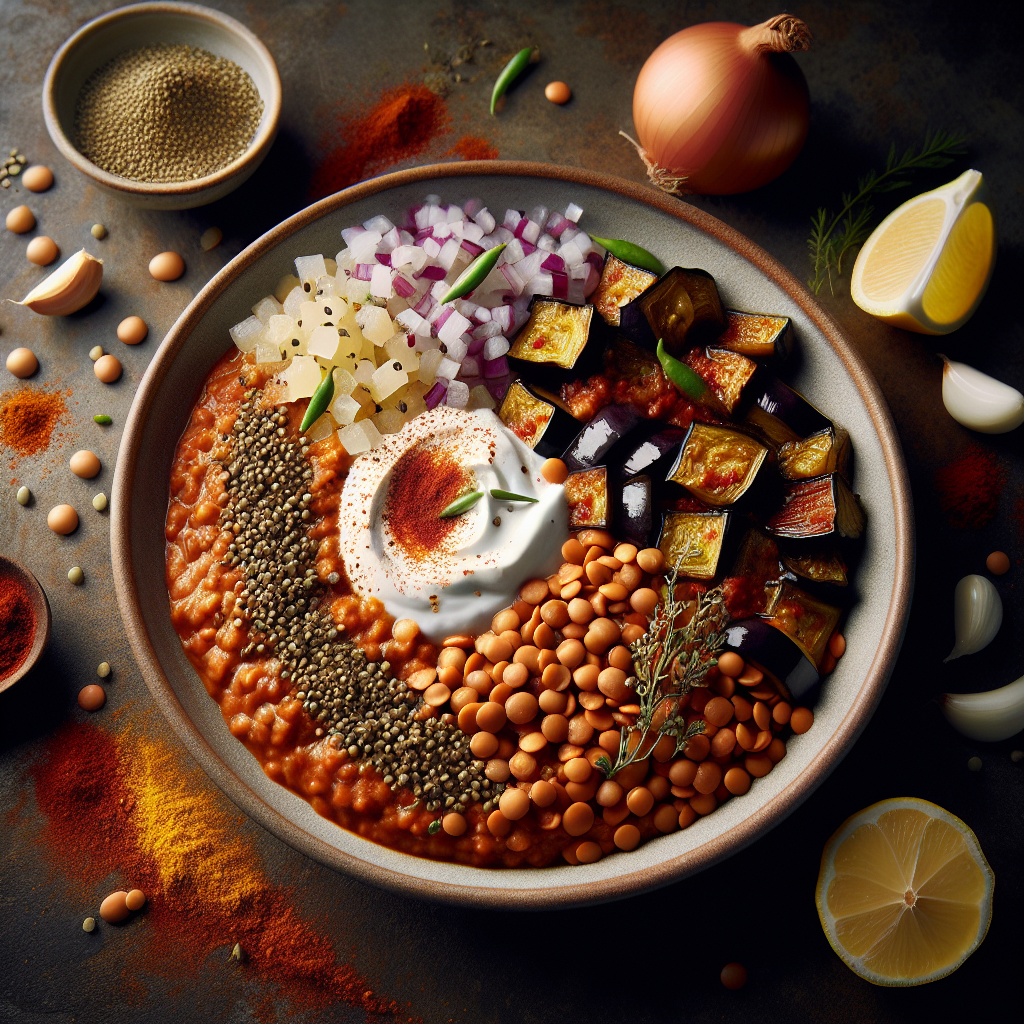 Smoky Red Lentil & Roasted Eggplant Curry with Lemon-Herb Yogurt