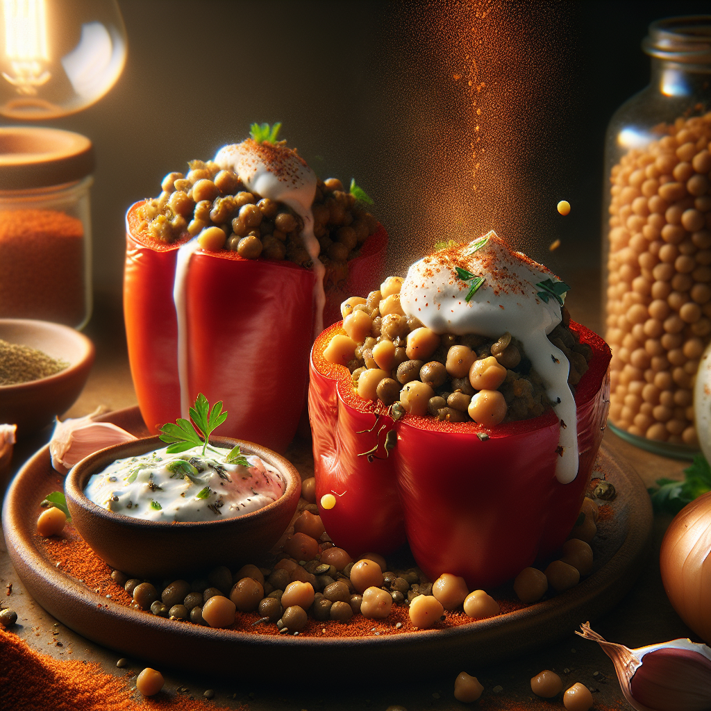 Spiced Lentil & Chickpea Stuffed Peppers with Herbed Yogurt Sauce