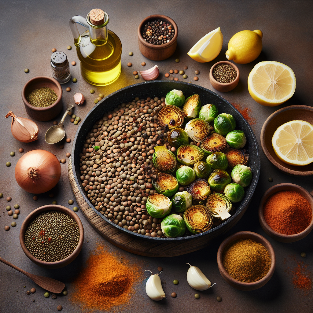 Spiced Lentil & Roasted Brussels Sprout Skillet with Lemon-Herb Drizzle