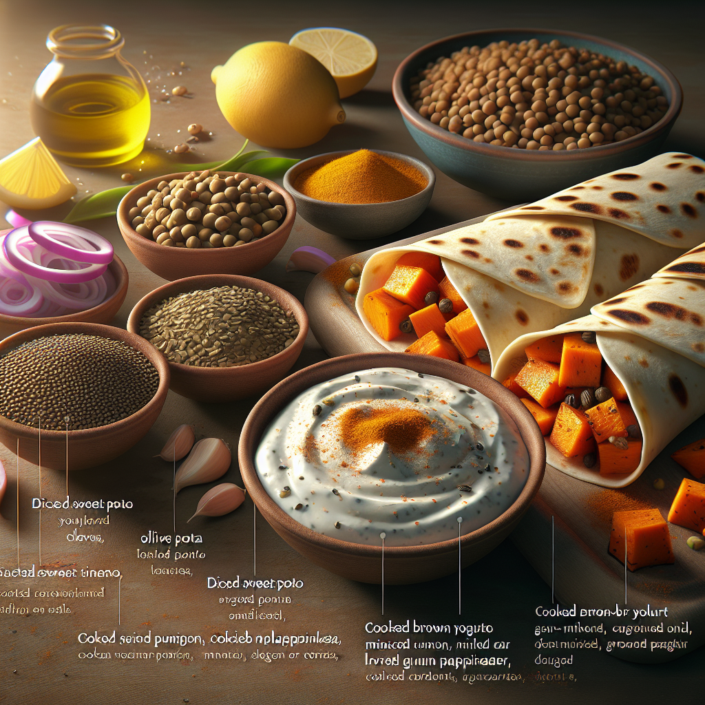 Spiced Lentil & Roasted Sweet Potato Wraps with Lemon-Herb Yogurt Sauce