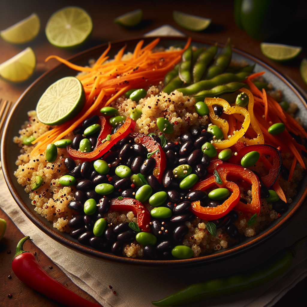 Spicy Black Bean & Edamame Stir-Fry with Ginger-Lime Quinoa