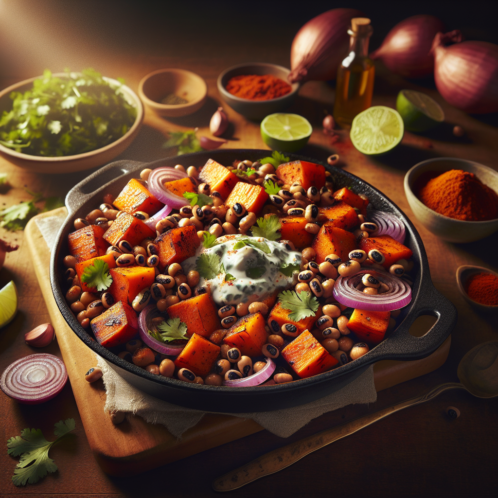 Spicy Black-Eyed Pea & Roasted Sweet Potato Skillet with Cilantro-Lime Yogurt