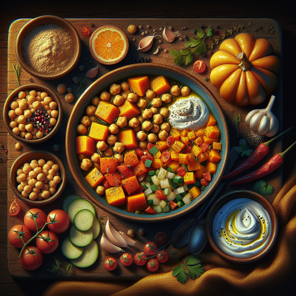 Spicy Chickpea & Roasted Pumpkin Stew with Garlic-Herb Yogurt Swirl
