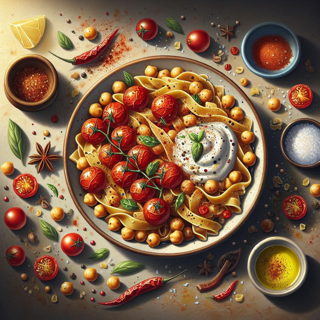 Spicy Chickpea & Roasted Tomato Pasta with Lemon-Basil Yogurt Sauce