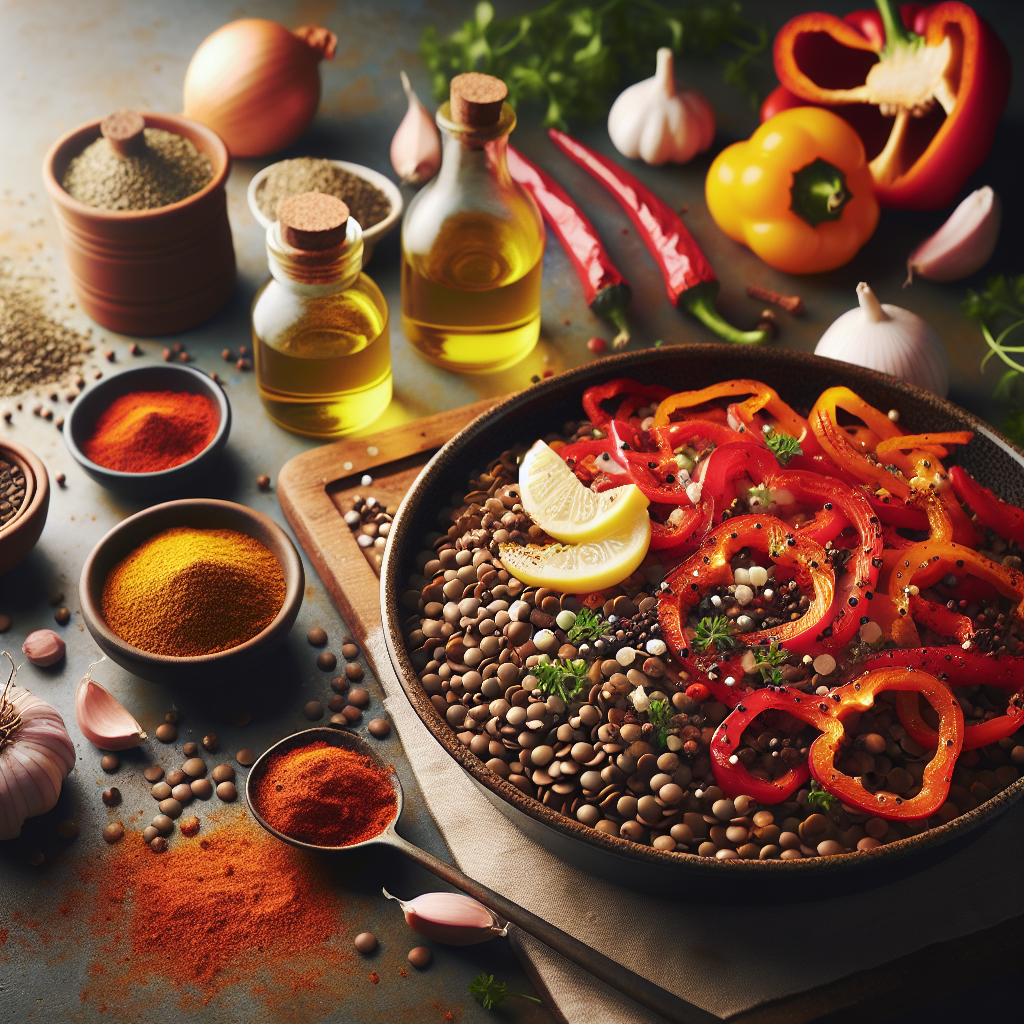 Spicy Lentil & Roasted Pepper Stir-Fry with Lemon-Herb Yogurt Sauce