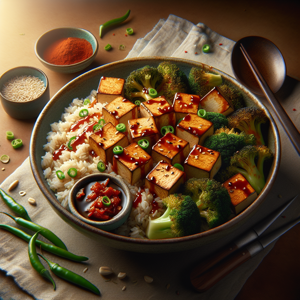 Spicy Maple-Gochujang Tofu with Roasted Broccoli and Jasmine Rice
